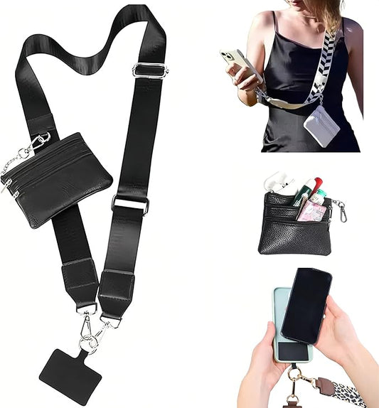 Crossbody Body Phone Holder for Women, New Phone Strap with Zippered Pouch, Adjustable Crossbody Strap (Black)
