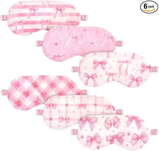 Cuffbow 6 Pcs Plush Sleep Eye Mask Silk Furry Eye Covers for Sleeping Cute Sleep Mask Fluffy Comfortable Sleeping Blindfold for Travel Sleepover Nap Party Supply Women(Plaid Bow,Pink)