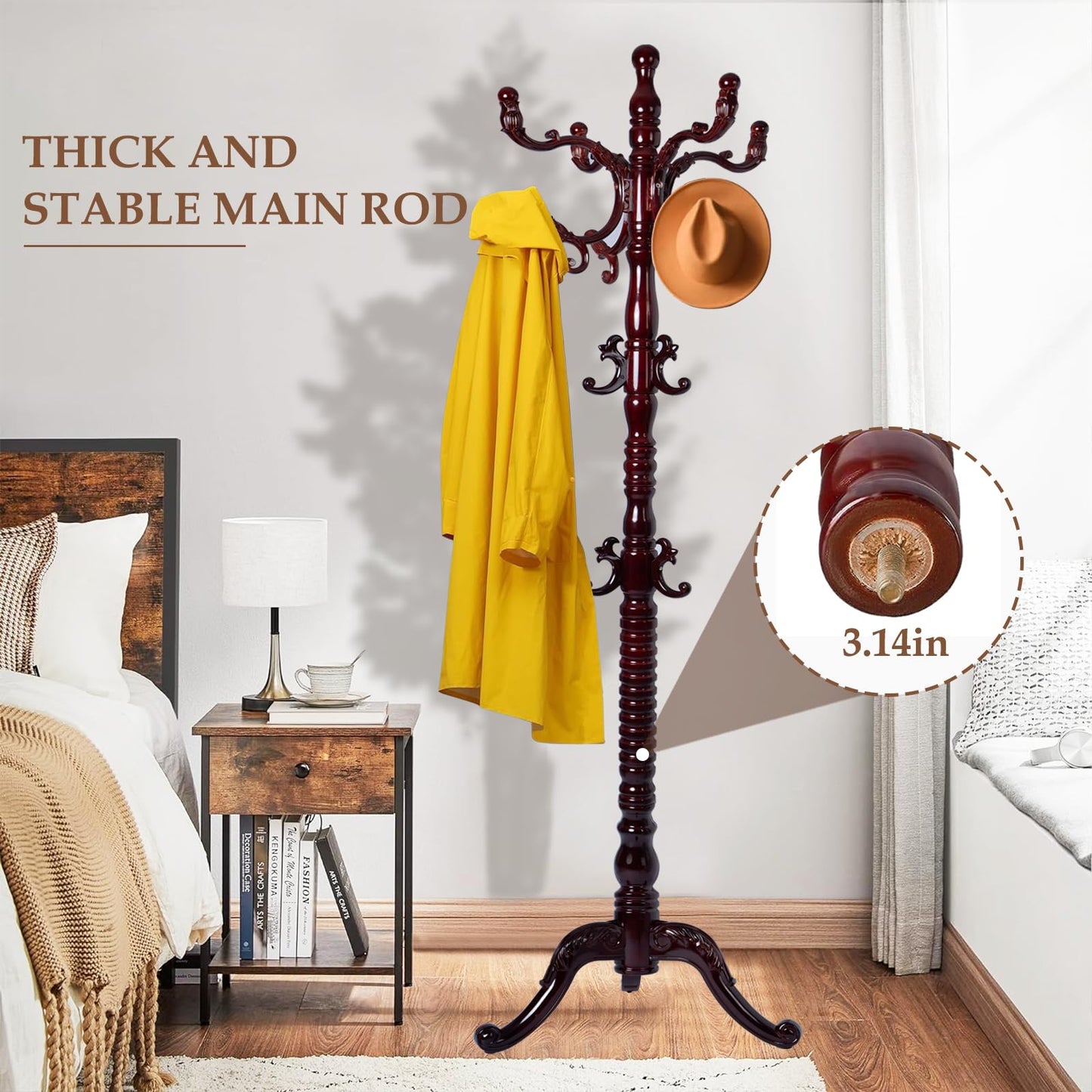 Zacammy Wood Coat Rack Freestanding, Natural Coats Tree Stand with 14 Hooks, 73" Sturdy and Easy Assembly Coat Rack Stand for Entryway, Hallway, Bedroom, Bags, Hats (Tri-legged Base, Rosewood)