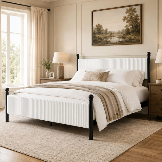 BarnFurin Full Size Bed Frame with Headboard, Upholstered Metal Platform Bed with Corduroy Velvet and Wooden Slats, Sturdy Noise-Free Design, Easy Assembly, No Box Spring Needed, White