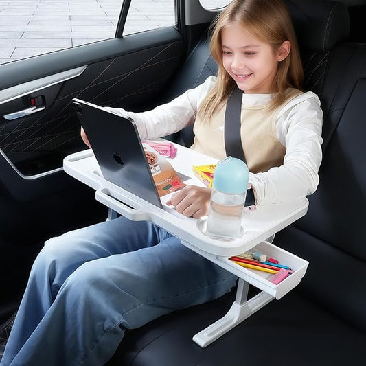 DICMKY Foldable Car Seat Tray Table, Adjustable Multifunctional Lap Tray for Kids, Portable Car Lap Desk for Laptop Computer Tablet, Rear Seat Tray for Eating/Reading, Travel Essentials Accessories