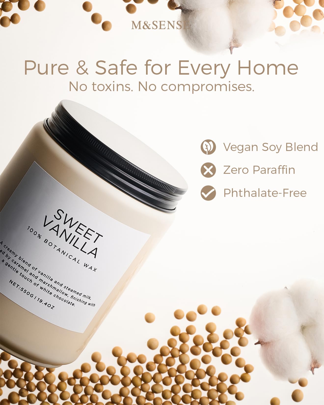 M&SENSE Vanilla Scented Candles, 19.4oz Large Natural Soy Wax, 110 Hours Long Lasting, Non Toxic Organic Candles Clean Burn, Sweet Smelling for Stress Relief, Aromatherapy Relaxing Gifts for Women