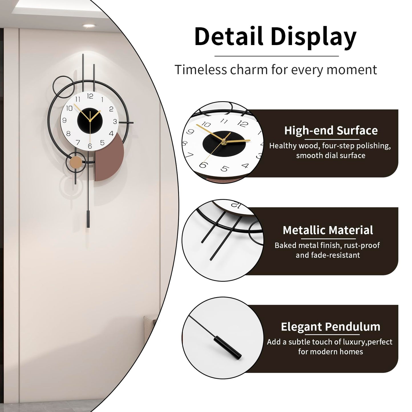 JUJUDA Large Modern Wall Clock for Living Room Decor Big Decorative Silent Wall Clock with Pendulum 14 Inch Black Metal Qulity Quartz Clock Battery Operated Non Ticking for Kitchen Office Bedroom