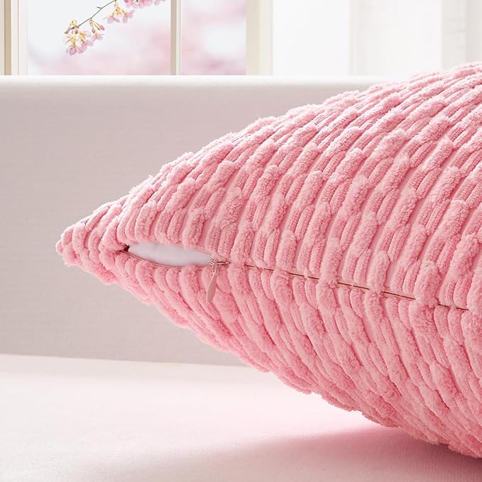 Kevin Textile Valentines Day Decorative Pillow Covers Set of 2 Striped Plush Corduroy Pillows Pillowcases Boho Home Decor Cushion Covers for Couch Sofa Bed Living Room 16x16 Inch, Pink