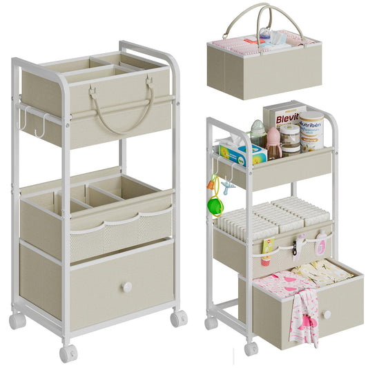 Cidaziya 2In1 Baby Diaper Caddy Organizer and Storage, 3 Tier Rolling Cart with Drawer, Detachable Dividers, Mobile Utility Cart Baby Dresser Clothes Organizer for Baby Essentials, Bedroom, Nursery