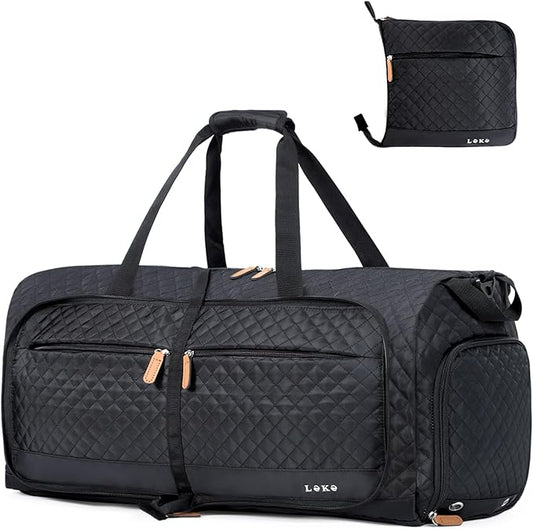 Lekesky Foldable Travel Duffel Bag for Women, 80L Large Duffle Bag with Separate Shoes Compartments & Straps, Carry On Weekend Bag for Women, Hospital, Overnight(Black Quilted)