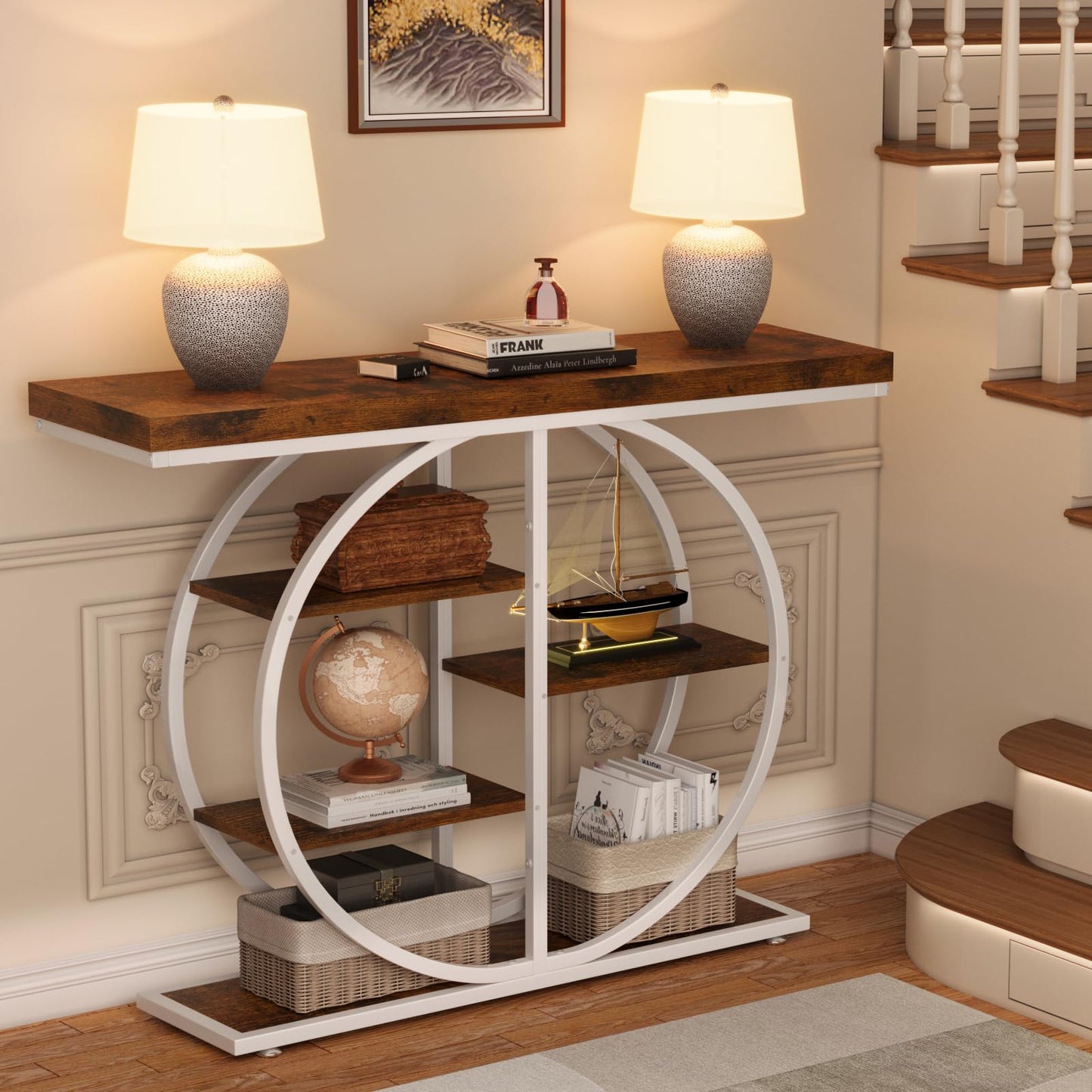 LIFECHOVY 41.3" Console Table for Entryway, Industrial Hallway Sofa Table with Storage Shelves, Narrow Accent Decor Living Room Furniture with Circle Base for Foyer, Entrance, Brown White
