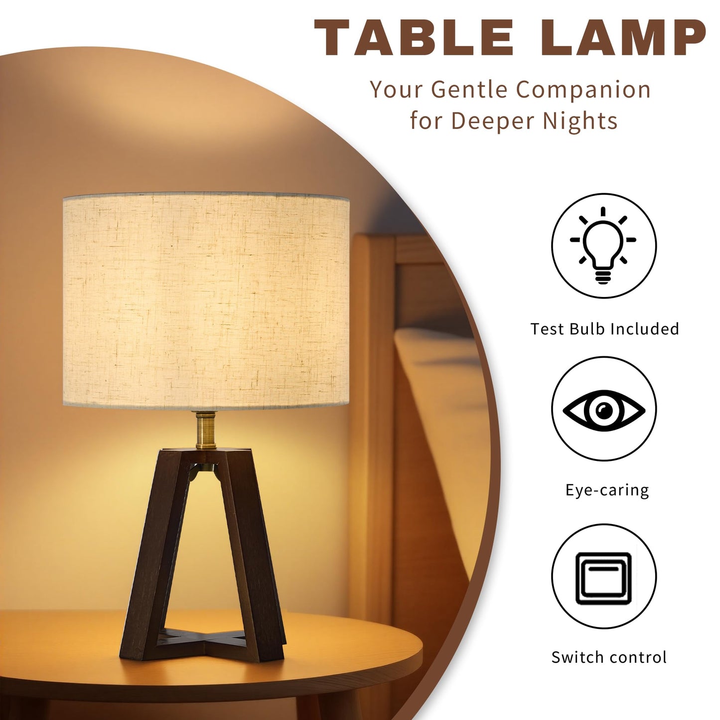 Booniture Cross-Base Table Lamp, Small Bamboo Bedside Lamp with Beige Linen Lampshade, Boho Modern Nightstand Lamp for Bedroom Living Room Office,E26 Socket, Walnut