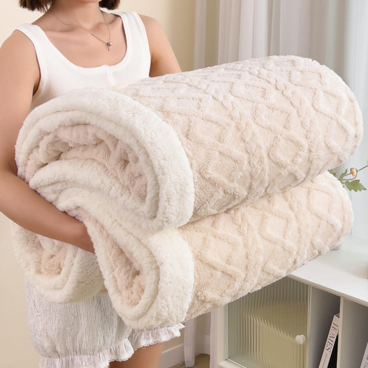 Sherpa Blanket for Bed - Fleece Soft Cozy Fuzzy Blankets Thick Warm for Winter and All Seasons (White,Queen(90"x90"))