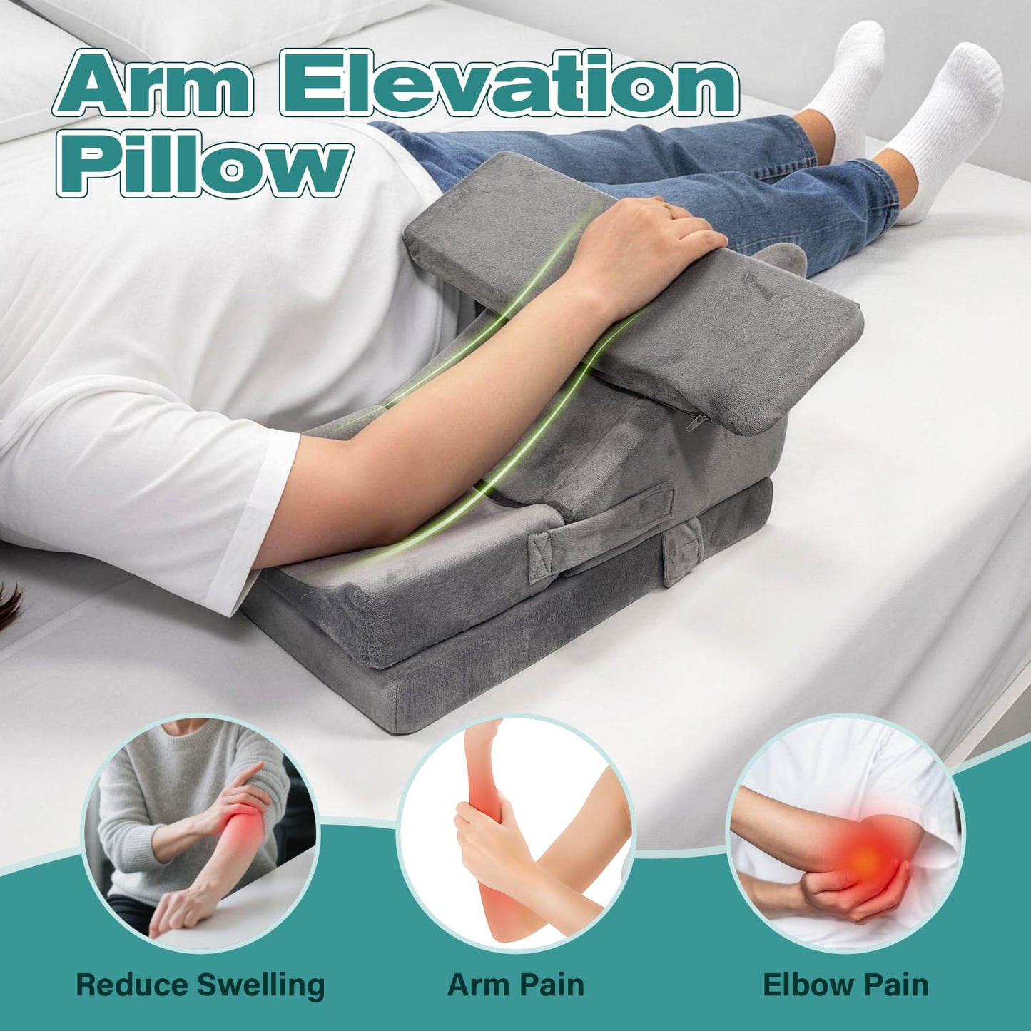 CRAURU Arm Wedge Pillow Adjustable Arm Elevation Pillow with Pocket High Density Foam Ergonomic Hand Elbow Support Pillows with Removable Cover, Grey