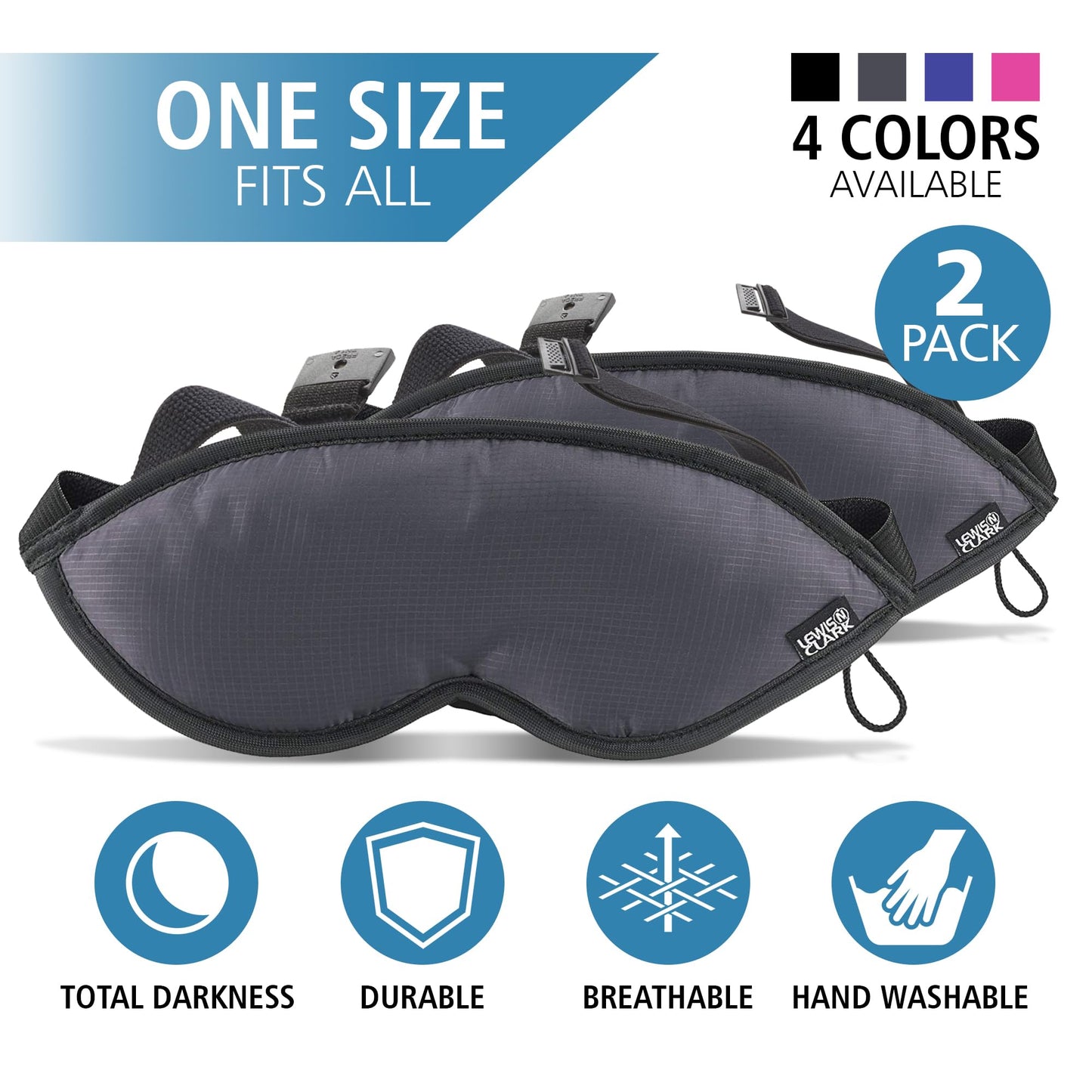 Lewis N. Clark Comfort Eye Mask + Sleep Aid to Block Light for Travel, Airplane, Hotel, Airport, Insomnia + Headache Relief with Adjustable Straps, 2 pack, Black (505blkx2)