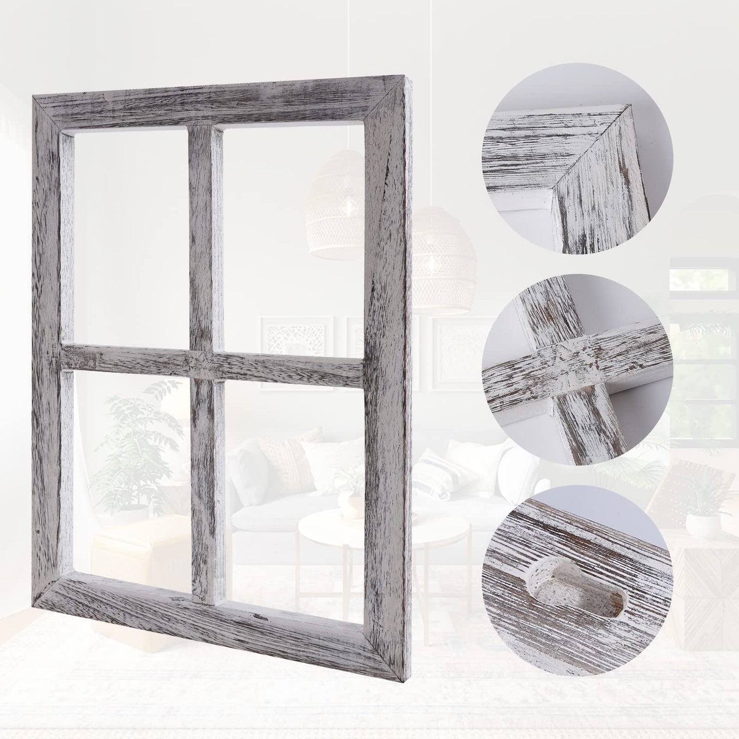 WAKOSAN Rustic Wood Window Frame Wall Decor with Wreath & Arrows, Set of 2