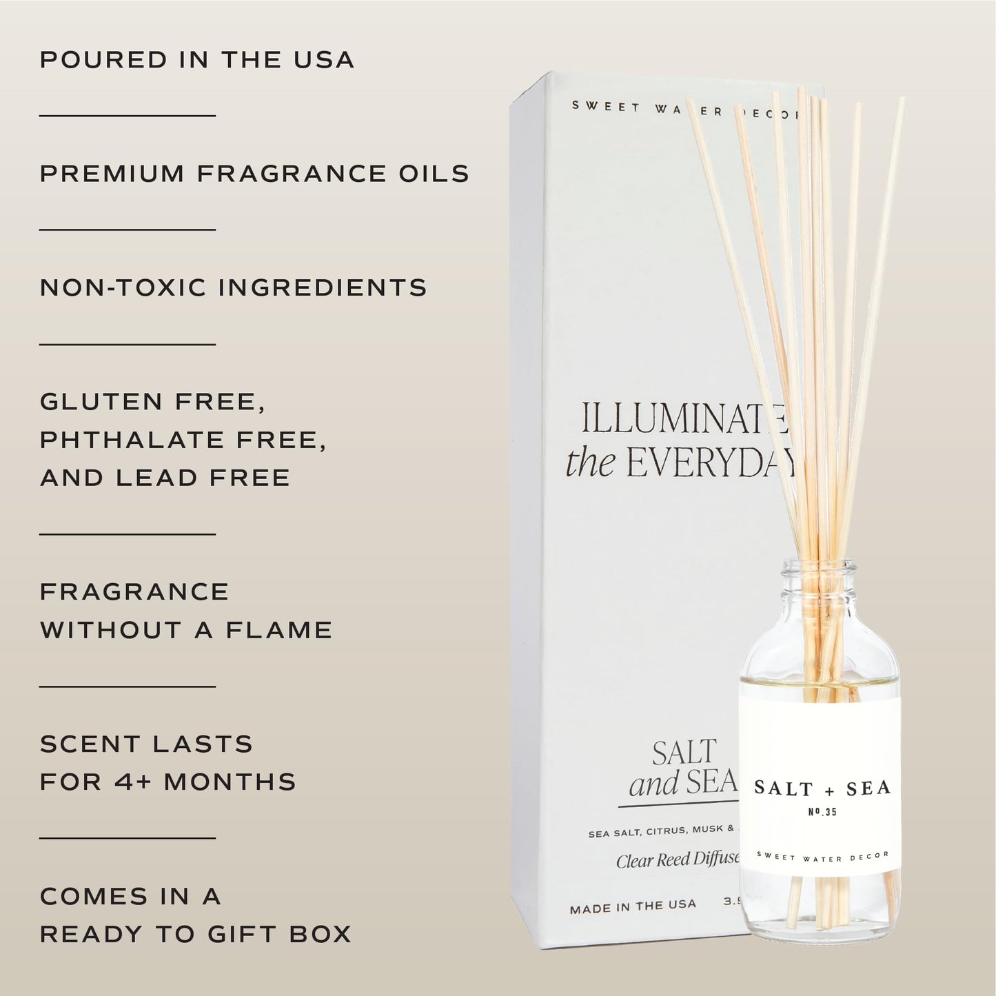 Sweet Water Decor Salt & Sea Reed Diffuser Set - Sea Salt Citrus & Musk Amber Scent Diffuser - Reed Diffusers for Home with Long Lasting Fragrance - Non-Toxic Oil Reed Diffuser - Made in the USA