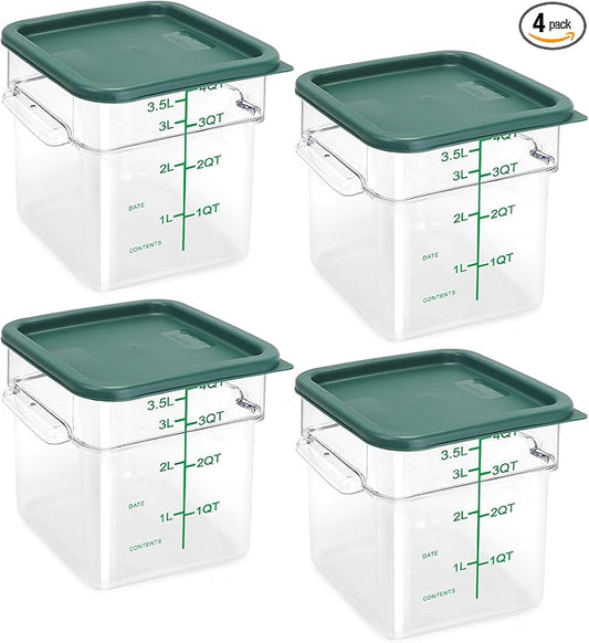 TSUBOR 4 Pack Food Storage Containers with Green Lids, 4.0 Qt - Square, Clear, Polycarbonate, for Restaurant Commercial Kitchen and Home party