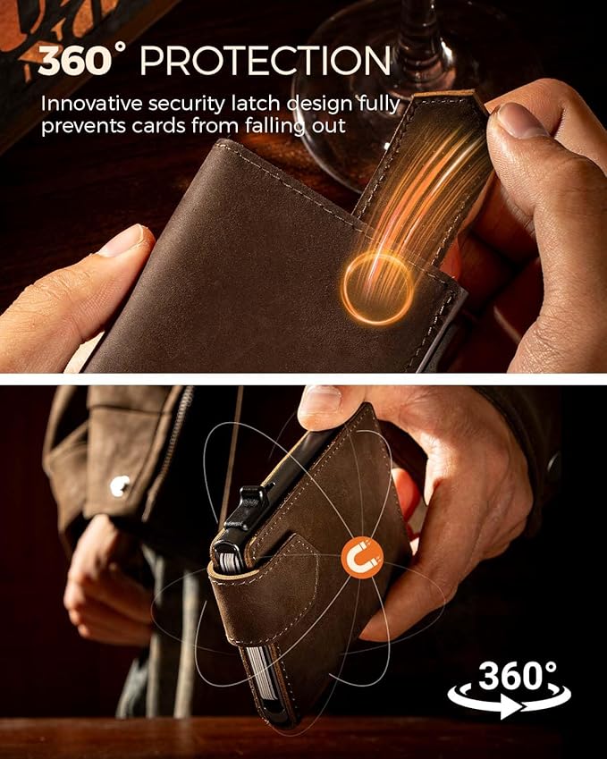 LORZOR Slim Wallet for Men with Security Latch, Pop Up Metal Card Holder Wallet, Finest Full Grain Leather Bifold Wallets, Smart, Minimalist, RFID Blocking, Front Pocket, ID Window