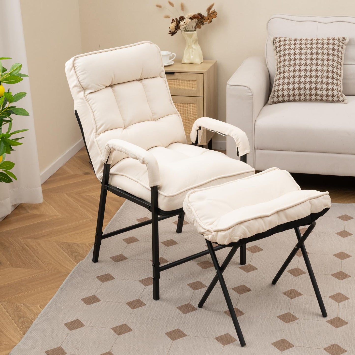 Giantex Modern Accent Chair with Ottoman, Upholstered Arm Chair with Adjustable Backrest & Solid Metal Frame, Linen Fabric Single Sofa Chair and Footrest Set for Bedroom, Living Room (Beige)