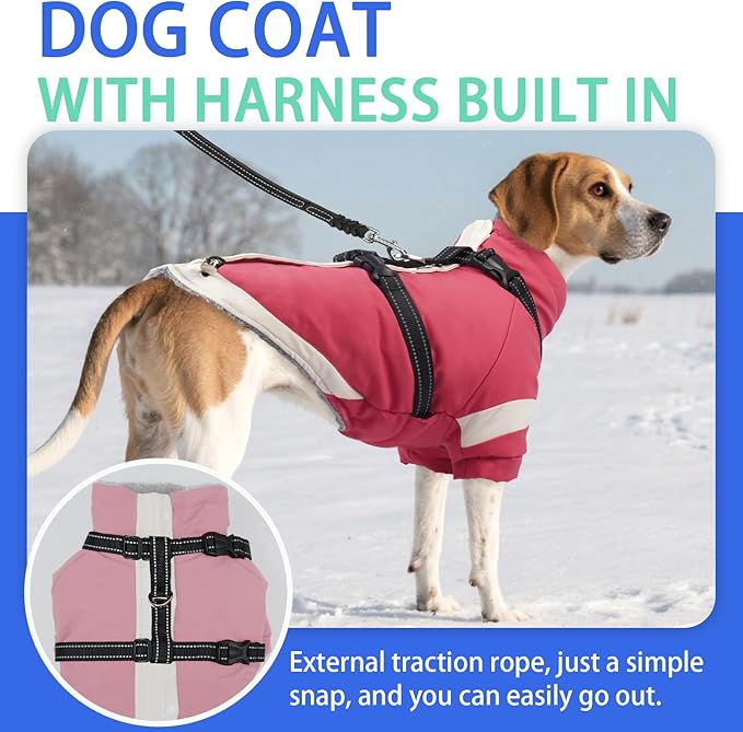 MIGOHI Warm Dog Coat Waterproof Small Dog Jacket with Harness,Reflective Fleece Snowsuit for Dogs,Windproof Puppy Coats with Legs for Cold Weather,Adjustable Pet Clothes for Puppies,Xs,Pink