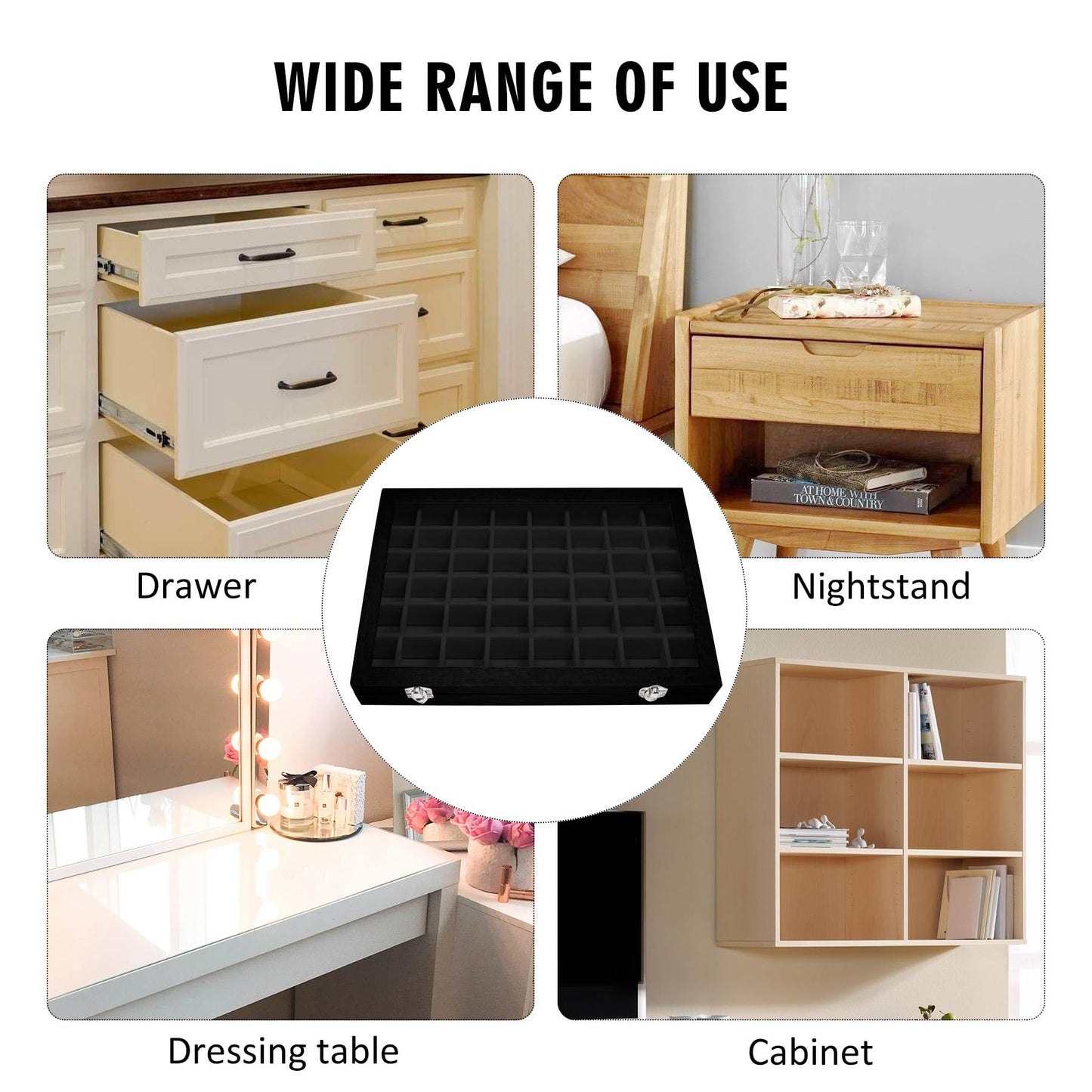 Siveit Velvet Jewelry Tray 48 Grid Jewelry Display Tray Organizer Box with Transparent Lid Rings Earrings Necklaces Pendants Display Box Suitable for Women and Girls (Black)