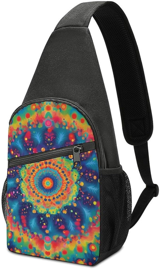 SWEET TANG Women's Cool Chest Bag Gym Sack Fashion Sling Shoulder Backpack Outdoor Sports Daypack Tie Dye Classic Mandala Kaleidoscope, Multipurpose Adjustable Bag Small Camera Case for Daily Use