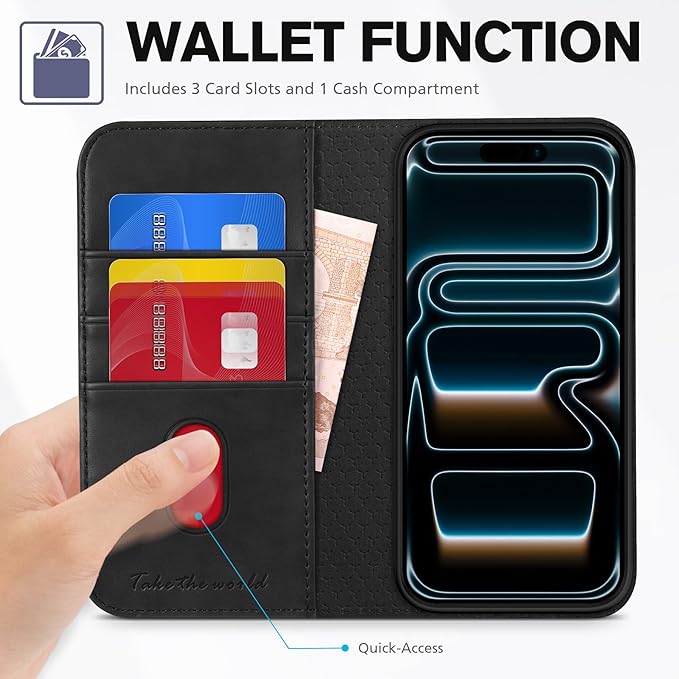 TUCCH Case Wallet for iPhone 17 Pro Max (6.9") 2025, RFID Blocking 3 Card Holders | Kickstand | PU Leather | Protective Flip Folio Cover | TPU Shockproof Interior Shell | Black