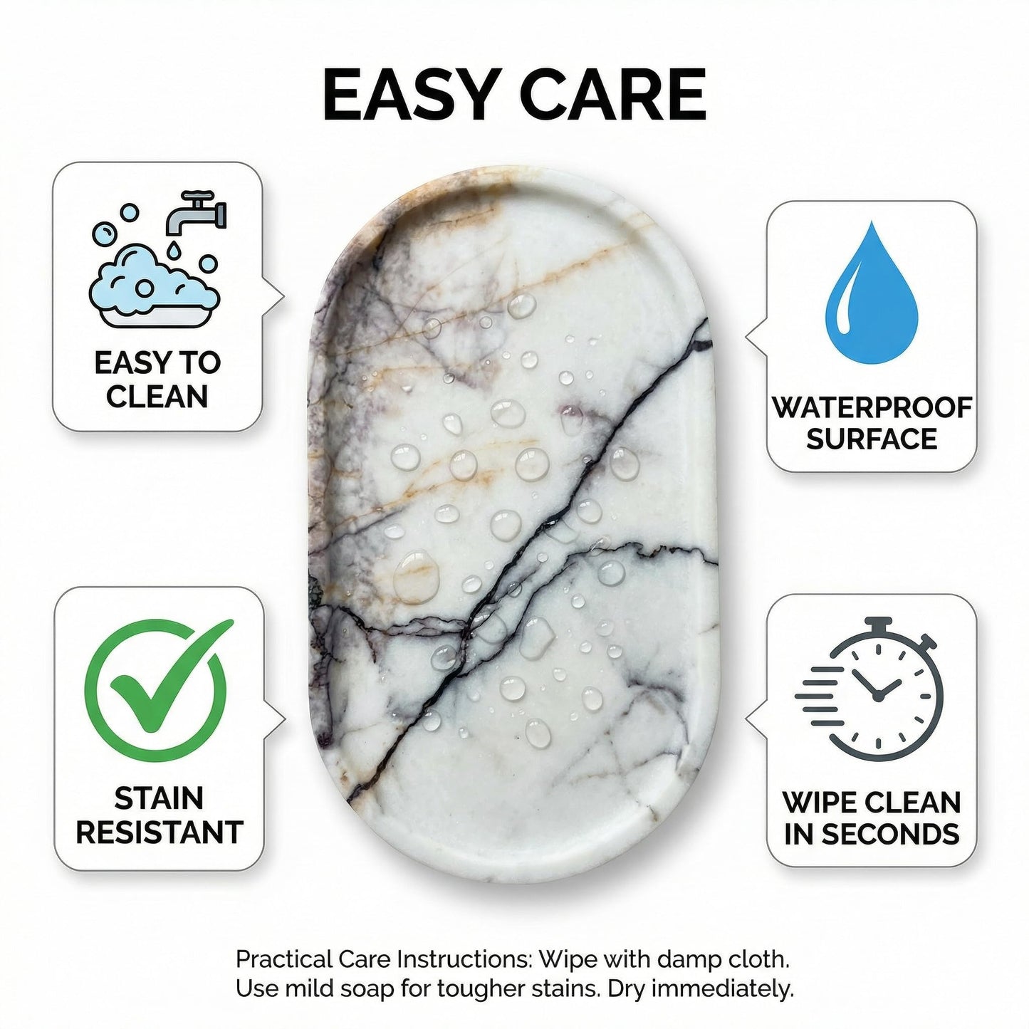 Natural Marble Vanity Tray for Bathroom Counter, Stone Catchall Tray for Perfume, Soap, Jewelry and Skincare, Bathroom Countertop Organizer for Vanity, Dresser or Kitchen Sink, 11.8 x 6.3 Inch