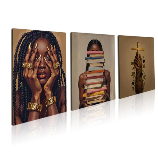 Black Woman Wall Art Canvas Print Set of 3 Framed Poster Picture Modern Artwork Wall Decor African American Artwork Canvas Wall Art 12x16 Inch for Living Room Bedroom Ofﬁce