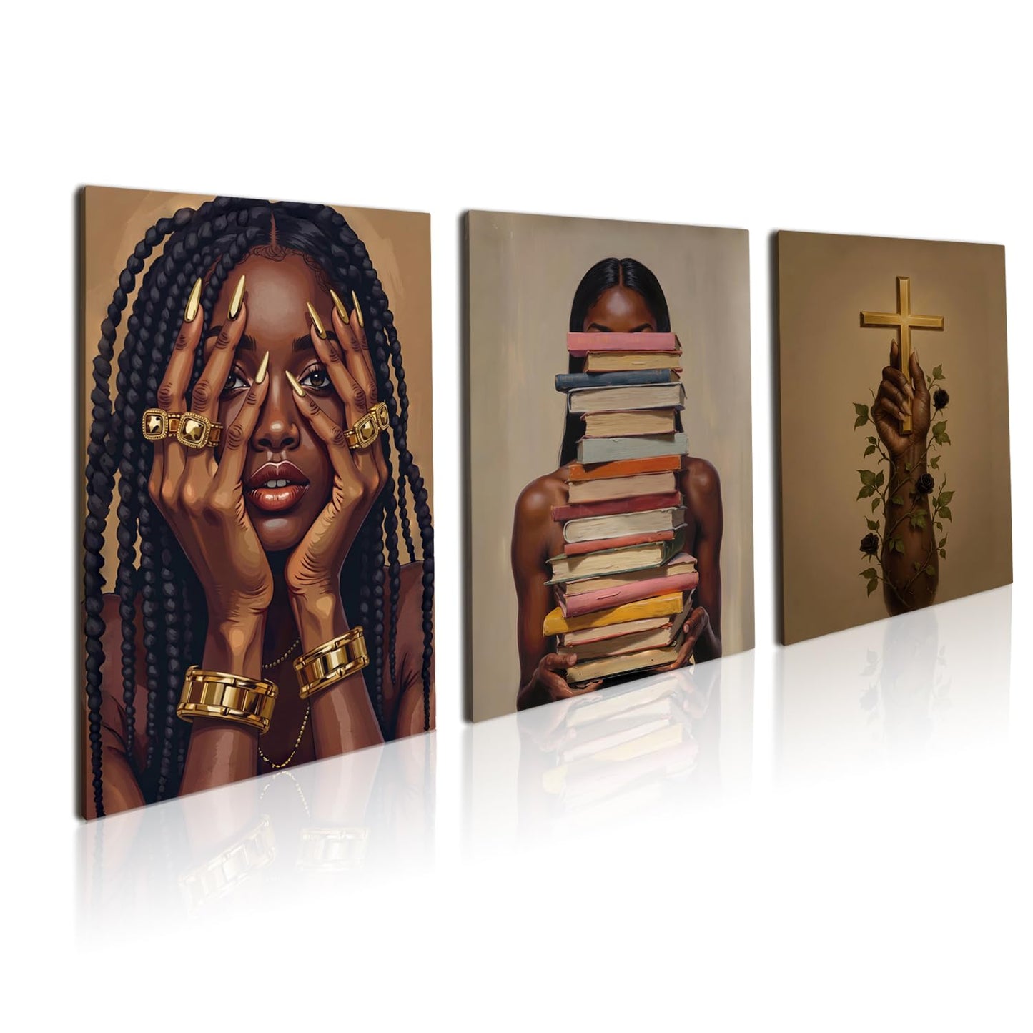 Black Woman Wall Art Canvas Print Set of 3 Framed Poster Picture Modern Artwork Wall Decor African American Artwork Canvas Wall Art 24x16 Inch for Living Room Bedroom Ofﬁce