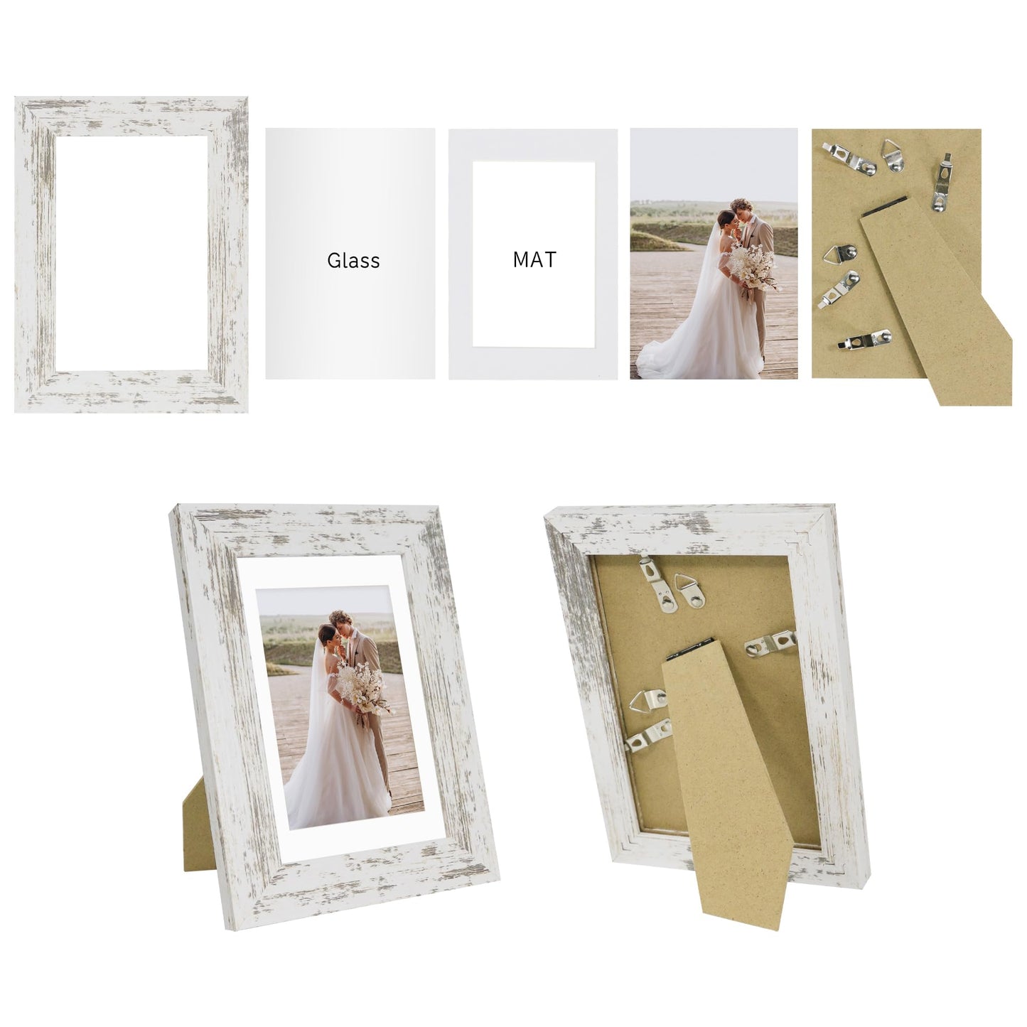 Hongkee 4x6 Picture Frame Set of 4, Made of Real Glass and Distressed White Wooden Frame, 4 by 6 Photo for Wall or Tabletop - Display Picture 3.5x5 with Mat or 4x6 Without Mat