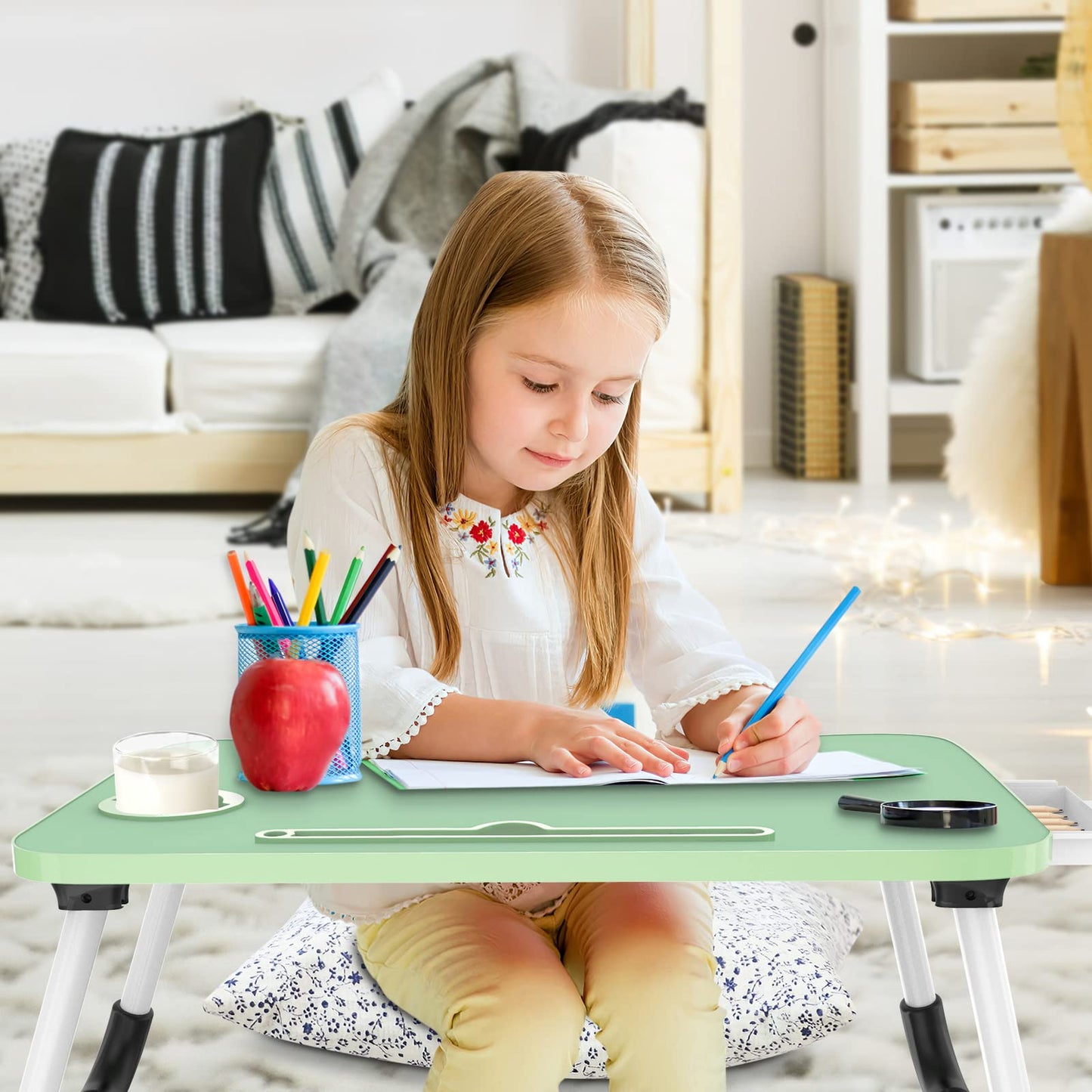 Zapuno Multi-Function Laptop Bed Table with Storage Drawer and Cup Holder, Lap Desk Stand Tray for Eating, Reading and Working