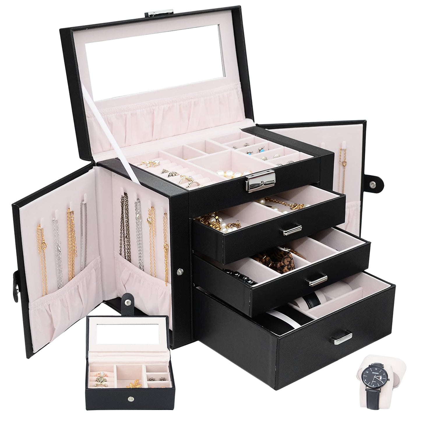 TORIBIO Huge Jewelry Box Leather Jewelry Organizer/Case for Women Girls Ring Necklace Earring Bracelet Holder Black
