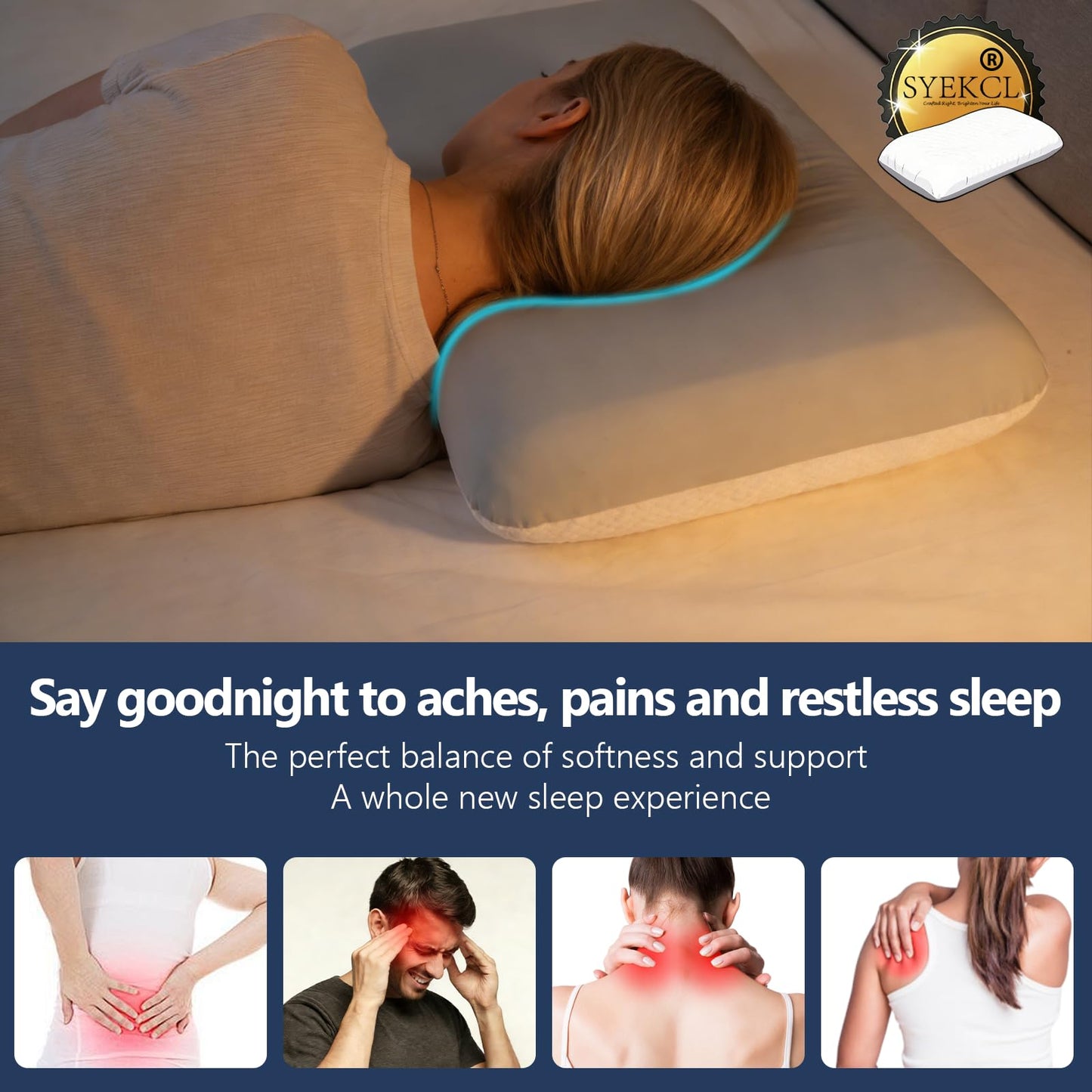 Syekcl Memory Foam Pillow, Cooling Contour Bed Pillow for Sleeping, Medium Firm Neck & Shoulder Support, Double-Sided Design for All Seasons, Washable Cover (White Upgrade, 16 × 28 × 4 in)