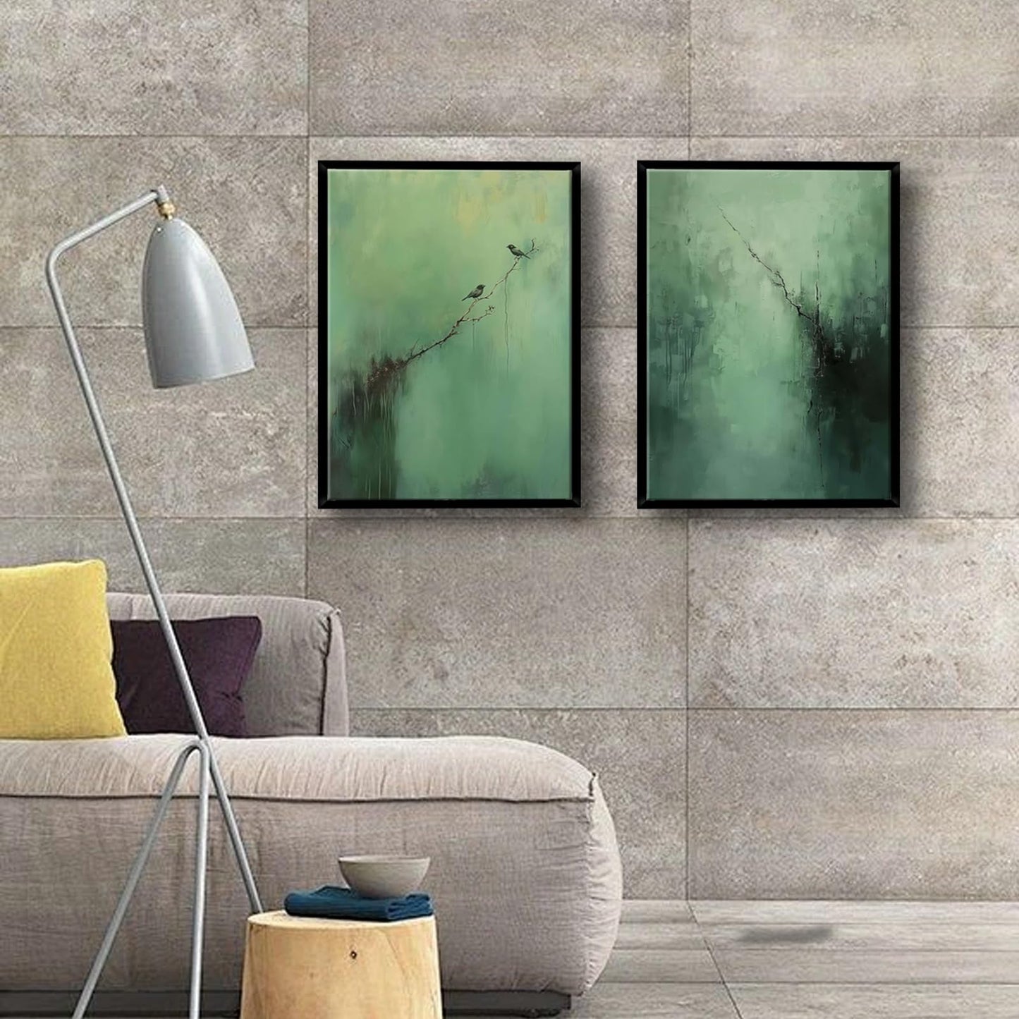 Abstract Dark Green Canvas Wall Art Modern Texture Painting with Wood Frame Wabi Sabi Zen Poster Minimalist Birds Picture Print Living Room Bedroom Office Ready To Hang 12x16 Inch