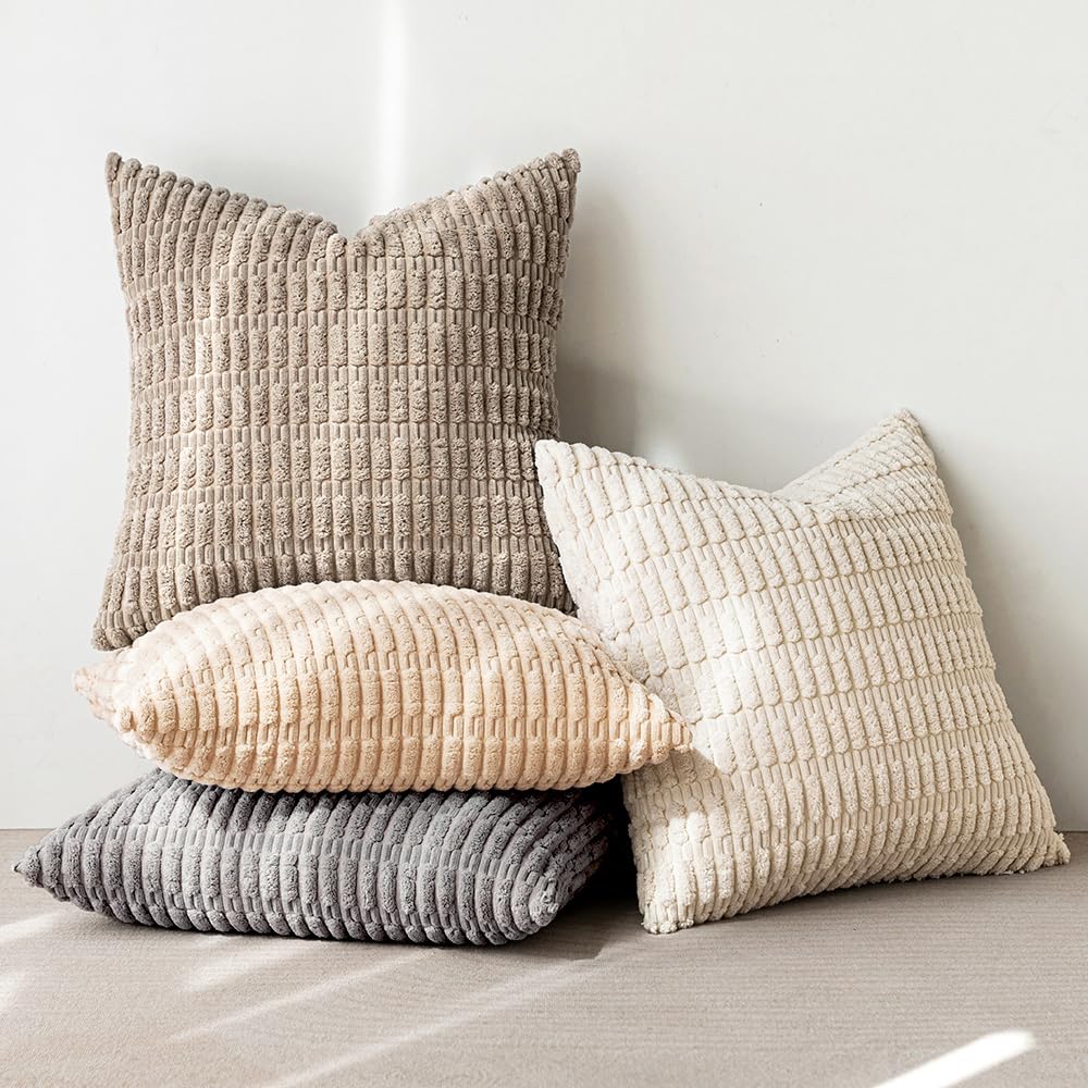 MIULEE Pack of 4 Neutral Corduroy Decorative Throw Pillow Covers 18x18 Inch for Summer Sofa Living Room Couch Bed Rustic Farmhouse Boho Soft Striped Pillow Covers Home Decor Beige and Brown