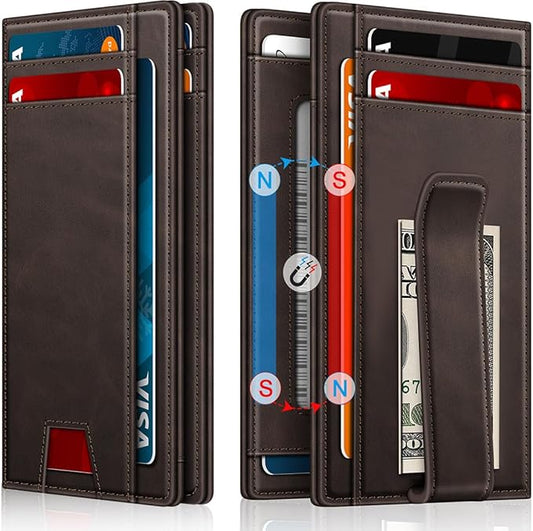 Gtwup Wallet for Men 14-16 Cards, Men's Leather Wallet, Minimalist Thin Card Holder RFID Blocking Money Clip with Simplified Bill Folder & Magnetic Closure, Gifts for Men, Coffee Brown