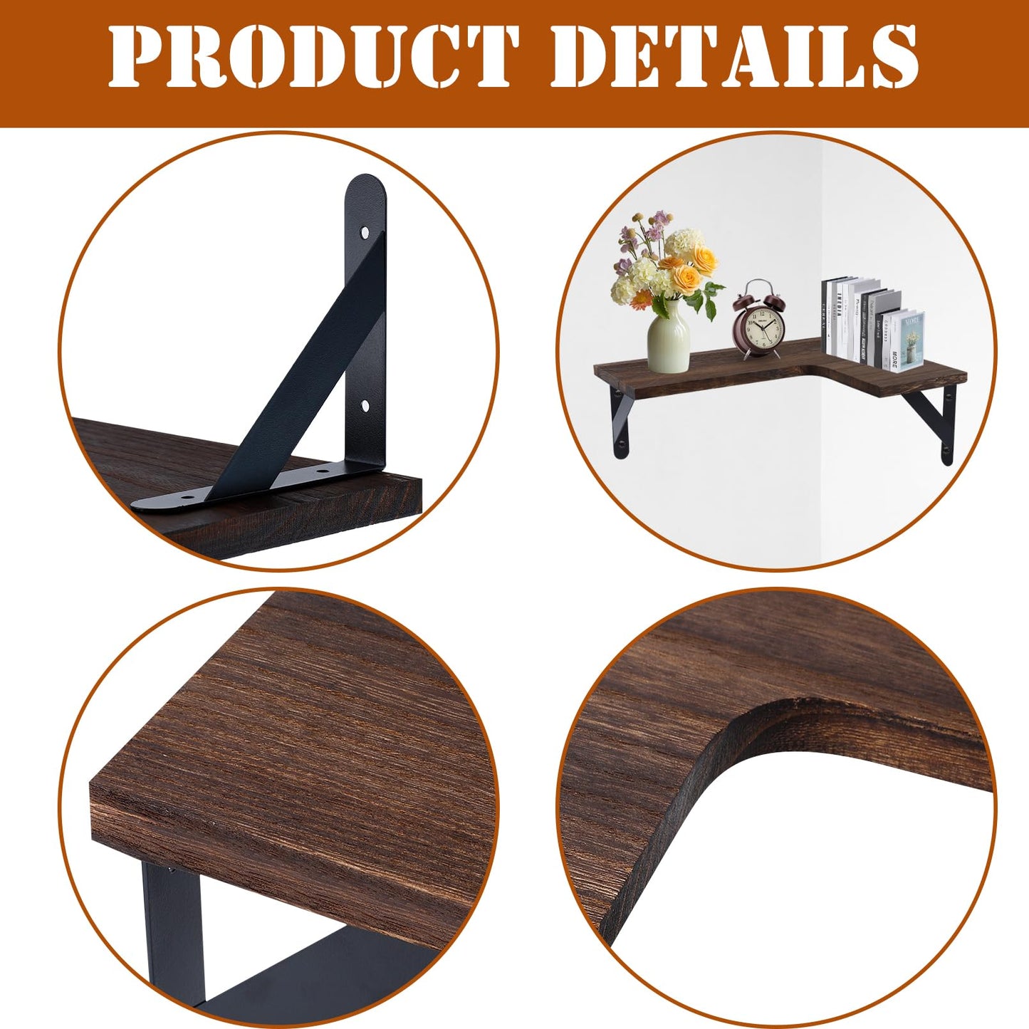 CACASO 5 Pack Floating Shelves, Rustic Wood Wall Storage Corner Shelf, Wall Mounted Wood Shelves for Office, Home Decor, Bathroom, Kitchen(Dark Brown)