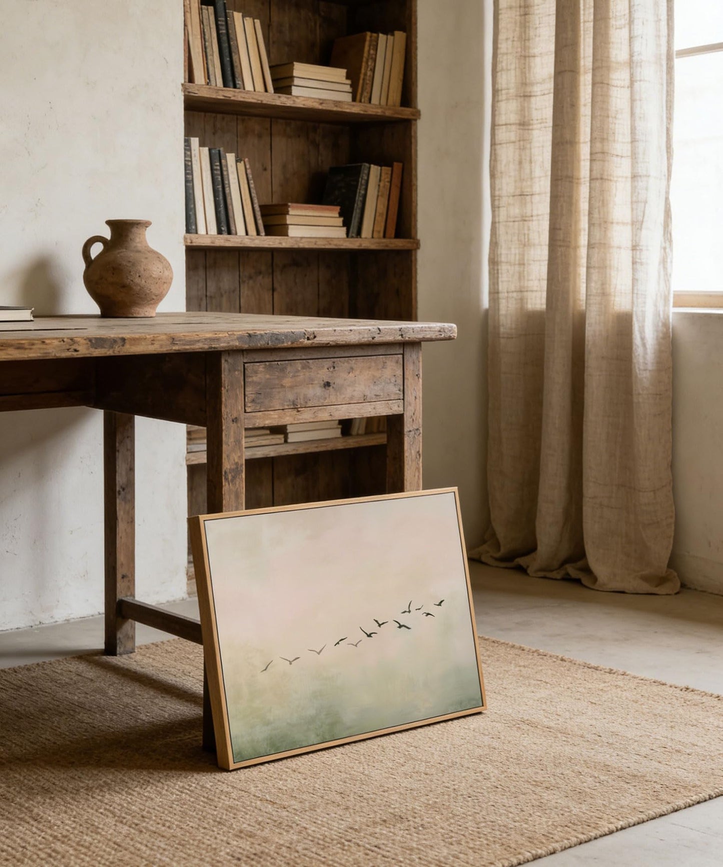 Framed Sage Green Japandi Flying Bird Canvas Wall Art Japanese Wabi Sabi Picture Wall Decor Abstract Nature Birds Poster Prints for Bedroom Living Room Home Decoration 16x24in