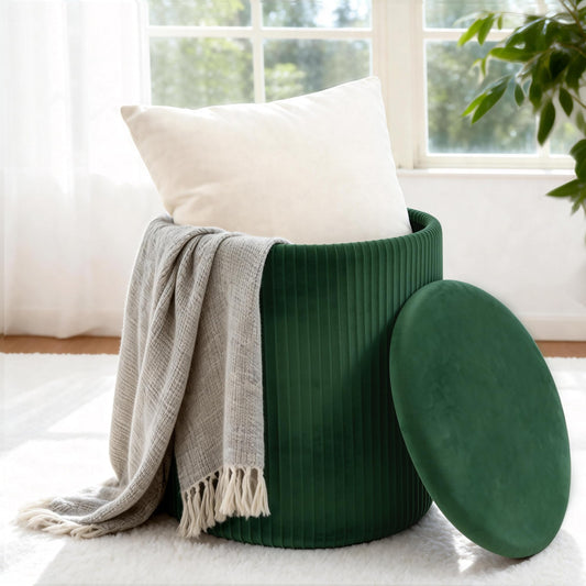 LITZFUR Round Ottoman with Storage,Velvet Upholstered Vanity Stool & Folding Foot Rest,Coffee Table for Living Room,Bedroom,Dark Green