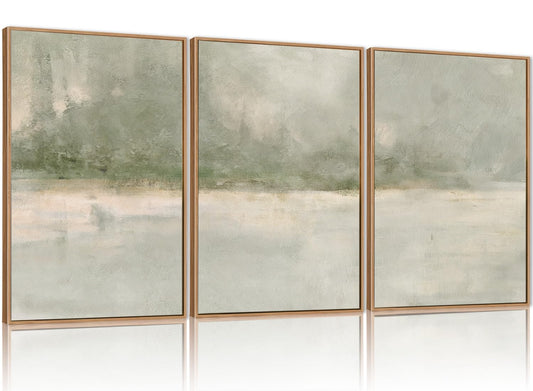 FWIEXA Grey Green Abstract Canvas Wall Art Set 3, Neutral Landscape Framed Prints, Modern Lake Scenery Paintings, Beige 16x24In Watercolor Artwork Poster for Farmhouse, Living Room, Bedroom, Office