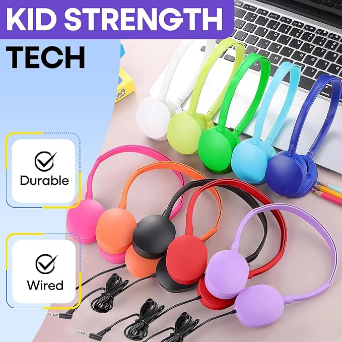 50 Pack Kids Headphones Bulk for Classroom School K-12, Wholesale Wired Student Headaets Adjustable 3.5mm Jack for Chromebook Laptop PC (HY104,50 Mixed)