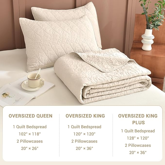 Sanracie California King Quilt Set 128"x 120", Wheat Colored 100% Cotton Oversized King Bedspread Coverlet Set Leaves Quilting 3Pcs Extra Large Wide Quilt Bedding Set for All Season Lightweight Soft