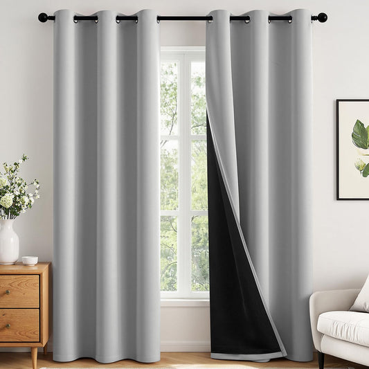 MIULEE Light Grey 100% Blackout Curtains for Bedroom 84 Inch Long, 2 Thick Layers Thermal Insulated Black Out Window Curtains with Black Liner, Noise Reducing Grommet Living Room Drapes 2 Panels