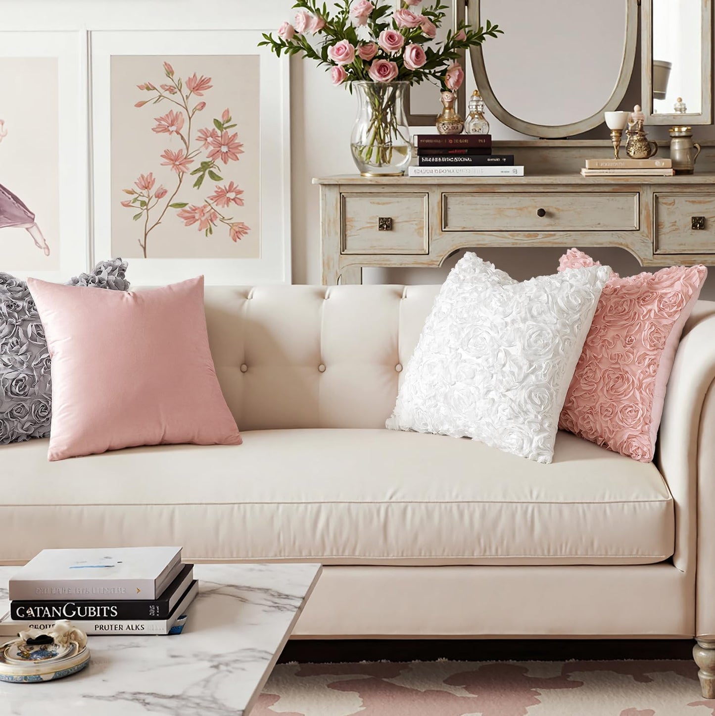 MIULEE 3D Rose Flower Pillow Cover Decorative Spring Floral Romantic Stereo Chiffon Aesthetic Solid Pillowcase for Girl Bedroom Living Room Decor 12x12 Inch Peach Pink