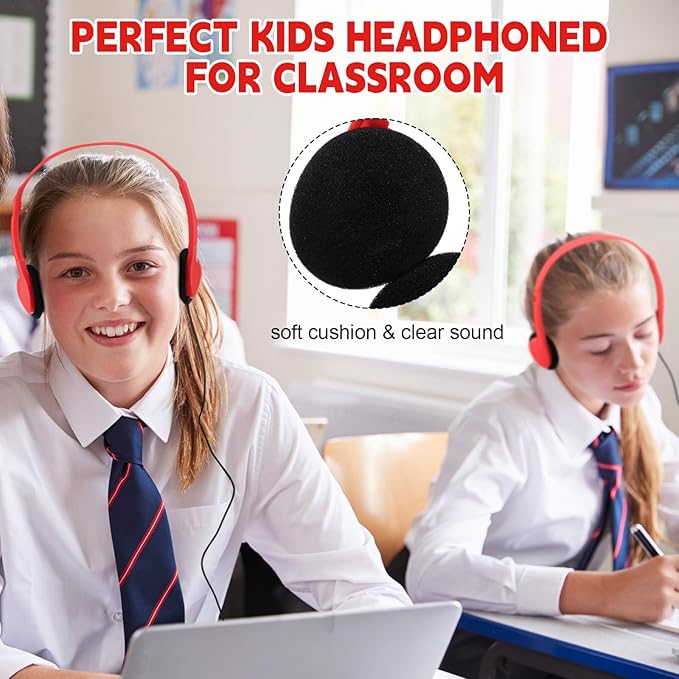 Konohan 30 Pack Headphones Bulk Headphone for School Classroom Student Wired Headphones Adjustable with 3.5 mm Jack for Adults (Red)