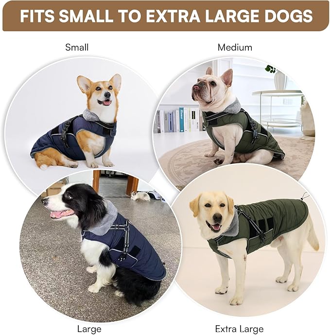 Queenmore Winter Dog Jackets for Large Dogs XXL, Waterproof Winter Coat for Extra Large Pitbull Danes, Warm Puffer Snow Jacket for Cold Weather - Fleece Lining Hook & Loop Closure Reflective, Navy