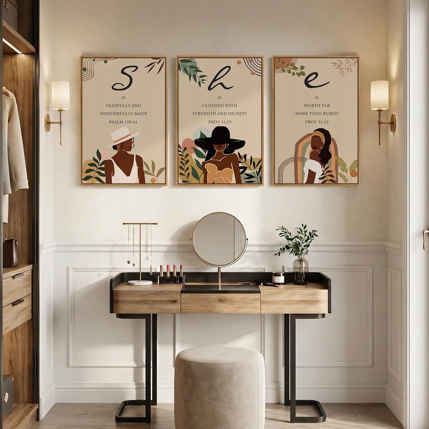 Framed Boho Black Girl Wall Art Set of 3, Large Modern African American Black Art Wall Decor Canvas Prints, Black Woman Portrait Fashion Neutral Artwork for Living Room, Bedroom or Office Wall Decor, 16x24 In