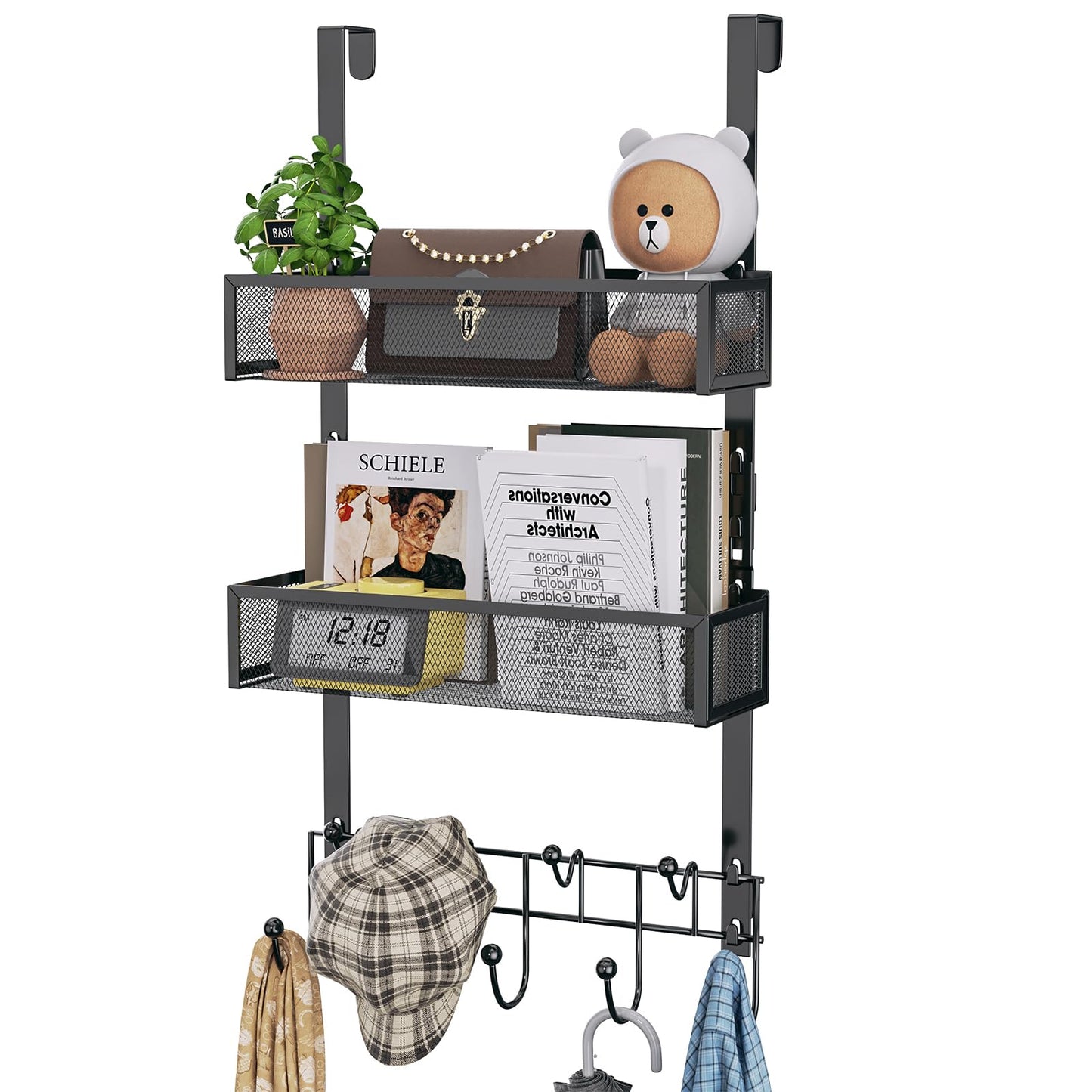 HapiRm Over the Door Hanger with Coat Hooks and 2 Baskets, Rustproof & Waterproof Over the Door Hooks, Storage Organizer for Hats, Bathroom, Kitchen, Bedroom, RV, Camper-Black (for 1.76in Doors)