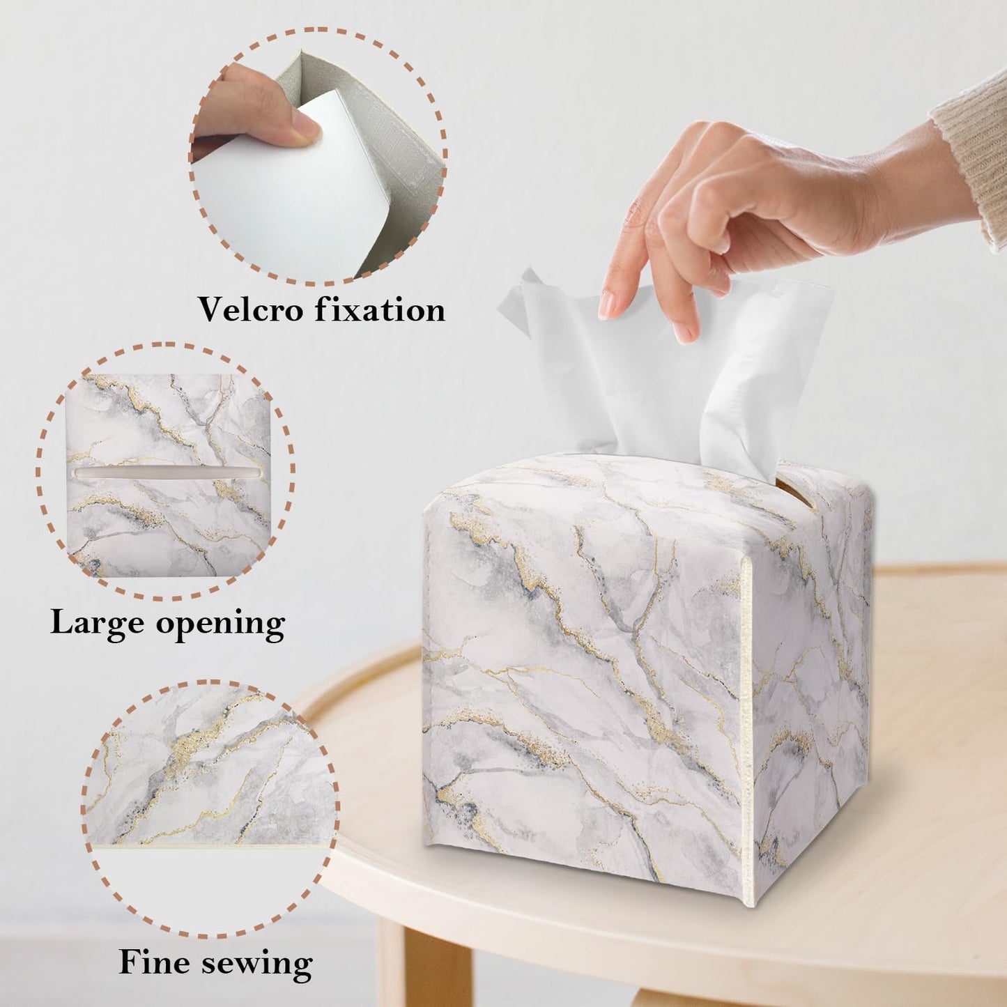 Tissue Box Cover Square, White Gold Marble Tissue Box Holder with Bottom Belt, Leather Facial Paper Holder for Bathroom Vanity Countertop, Nightstands, Dining Table, Office, Car -11