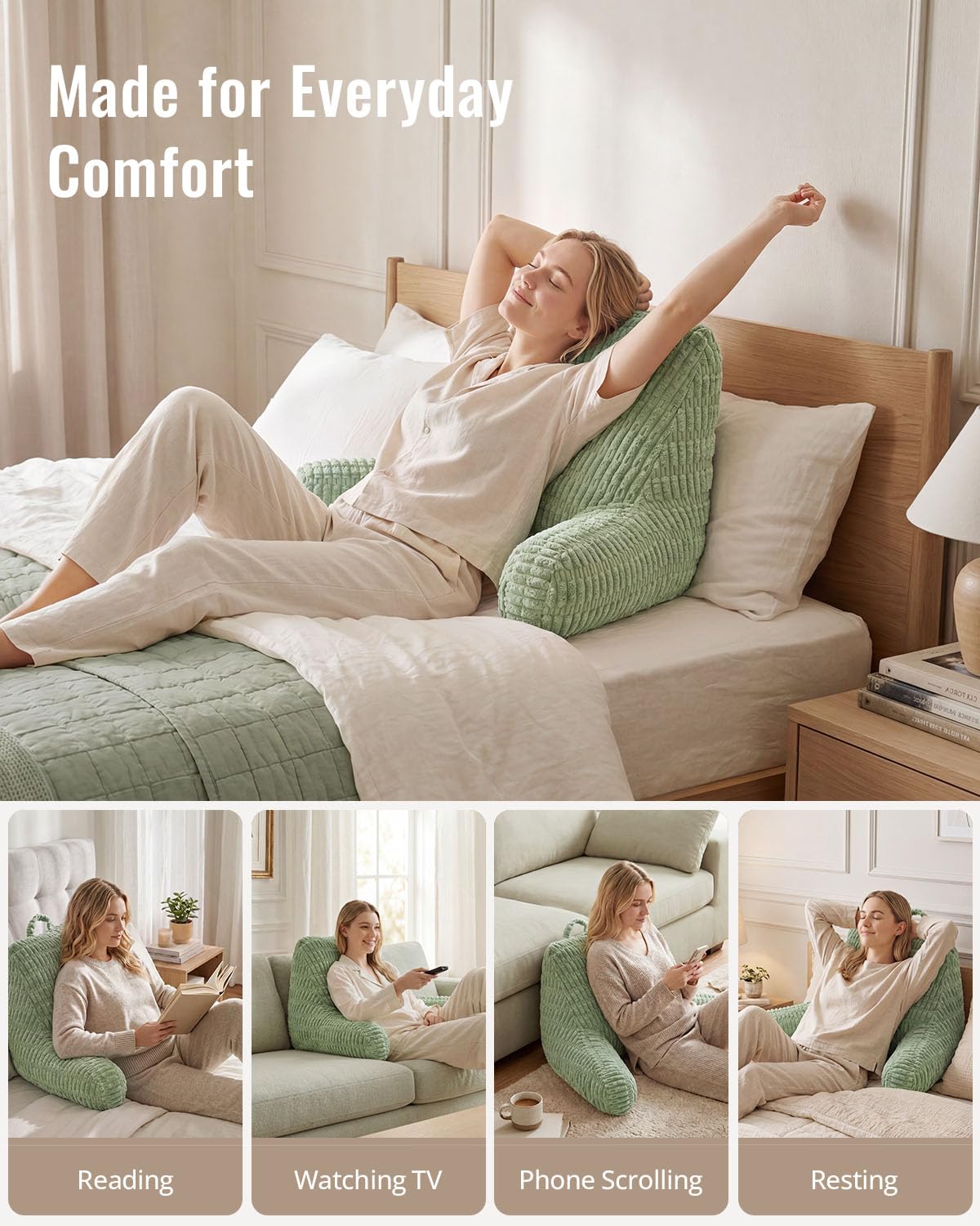 Blissful Diary Reading Pillow, Backrest Pillow with Shredded Memory Foam for Adult & Children, Designed for Bed and Couch Sitting Up, Includes Arms, Pockets and Washable Cover, Sage Green