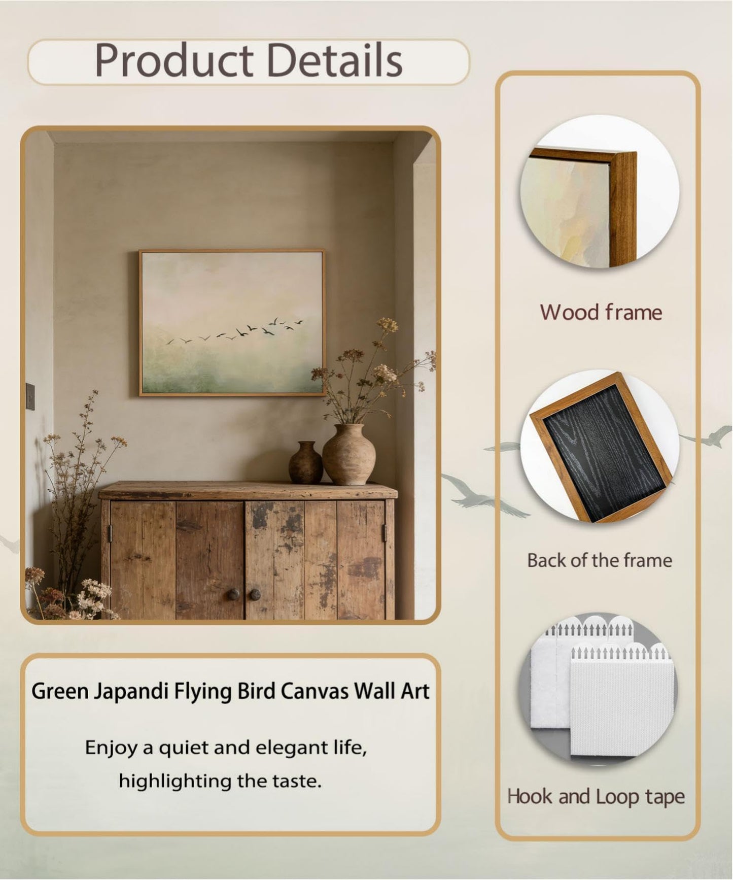Framed Sage Green Japandi Flying Bird Canvas Wall Art Japanese Wabi Sabi Picture Wall Decor Abstract Nature Birds Poster Prints for Bedroom Living Room Home Decoration 16x24in