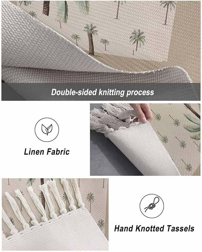 Tropical Palm Tree Kitchen Hallway Runner Rug 2X5 Ft Carpet, Washable Woven Brown Summer Beach Plant Throw Carpet with Tassel, Non-Shedding Farmhouse Retro Green Botanical Entryway Laundry Rugs